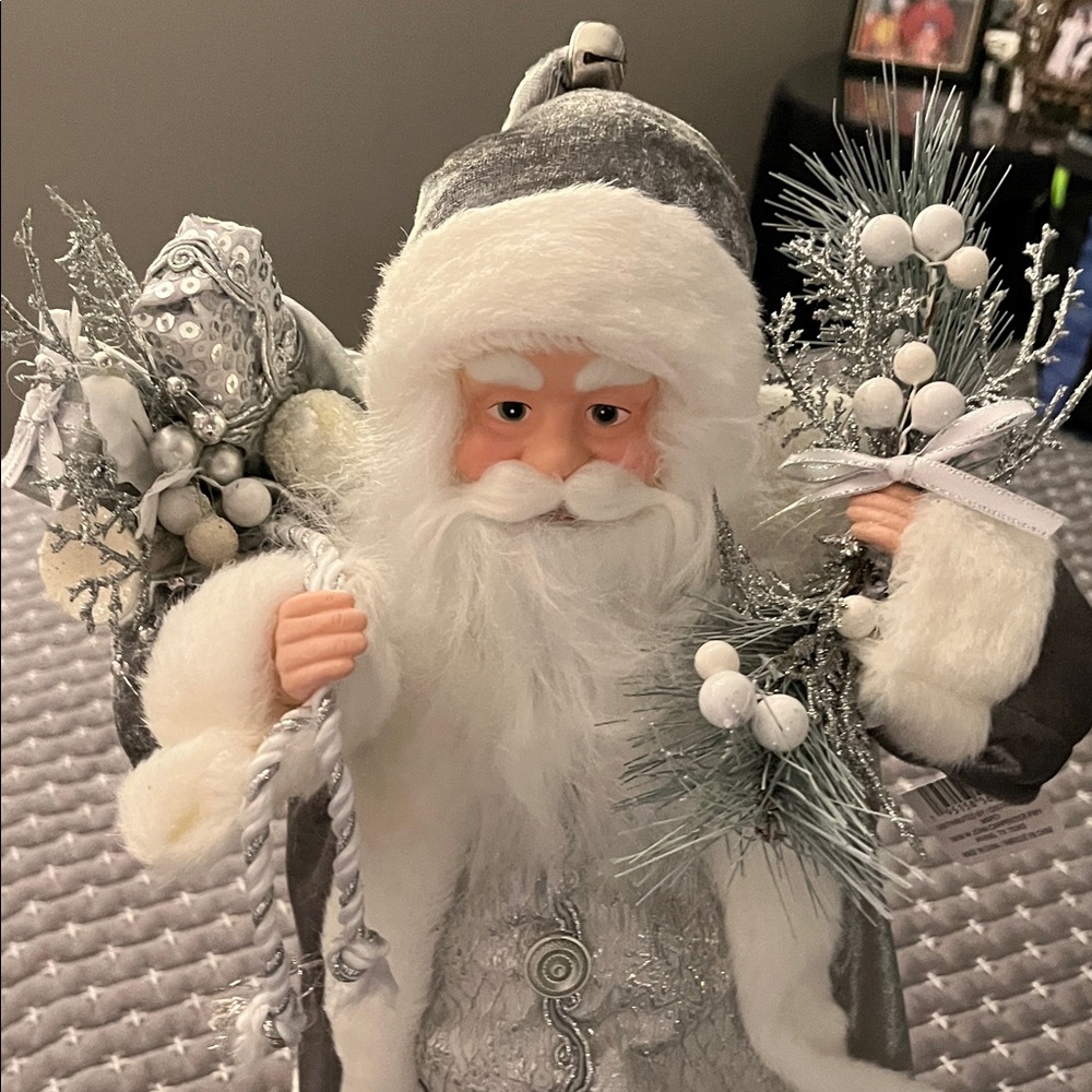 20” Tall Festive Santa Claus Figurine in Gray and White Embroidered Outfit
